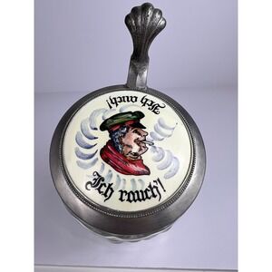 Vintage Rein Zinn Dimpled Glass Beer Stein German Pewter Lid Man Smoking
